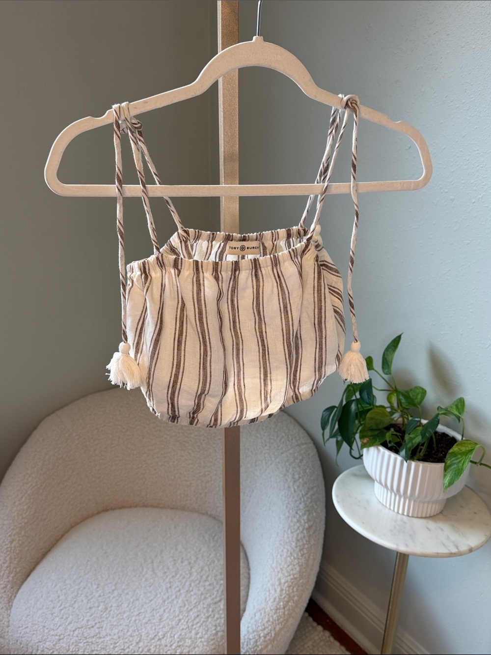Tory Burch Cream and Brown Striped Crop Top with Tassel Ties
